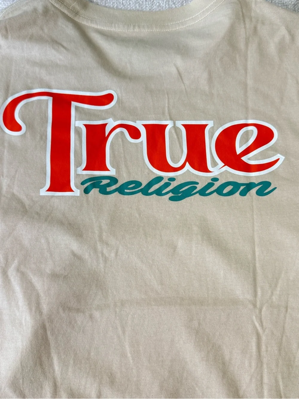 True Religion Cream Short-Sleeve Tee with Teal '02' and Orange Patch